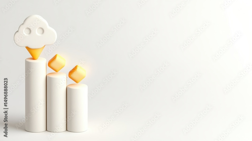 Poster minimalist 3d bar chart with cloud icon and geometric shapes representing data growth on a white bac
