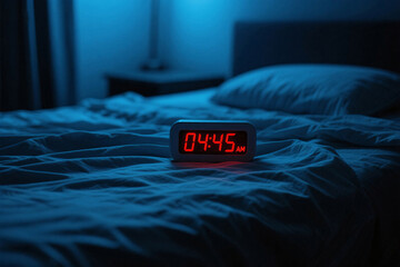 Cinematic photorealistic close-up of glowing digital alarm clock showing 04:45 AM with red numbers, wrinkled bed linens in dark room, blue ambient light, insomnia, anxiety, sleep deprivation mood