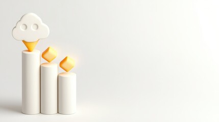 Minimalist 3D bar chart with cloud icon and geometric shapes representing data growth on a white background.