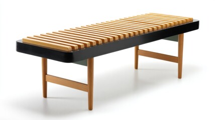 A modern wooden slat bench with a minimalist design, featuring a black frame and natural wood legs.