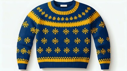 Stylish navy blue and gold snowflake Christmas sweater, perfect for festive celebrations.  Flat lay product shot on white background.