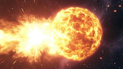 Obraz premium Fiery cosmic collision; a blazing celestial body impacted by a high-energy projectile, resulting in a spectacular explosion