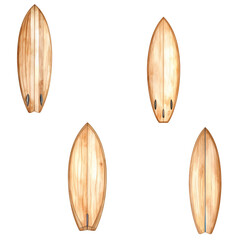 Fototapeta premium A vintage vector design pattern of a wooden surfboard with a summer beach tree and sea illustration