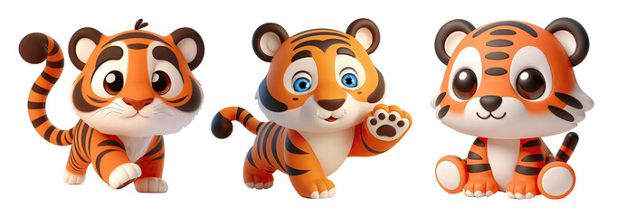Obraz premium three cute 3D cartoon tigers, isolated on transparent background 