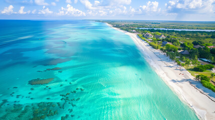 Fototapeta premium Turquoise waves meet white sand under sunlight, a serene tropical coastline blending sea and sky.