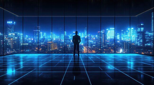 A silhouetted businessman stands in a modern, glass-walled office overlooking a vibrant, futuristic cityscape at night.  The floor glows with a digital grid pattern