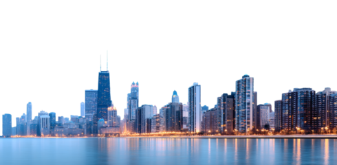 [Transparent Background PNG]Chicago Skyline at Dawn over Lake Michigan
