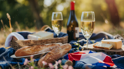 Delicious bread, cheese and wine on summer French picnic. Celebration of the 14th of July.