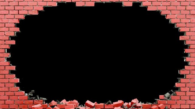 Brick explosion background. Brick wall destruction animation on black background. Many flying and falling brick wall. Cracks on brick wall. Destruction screensaver.