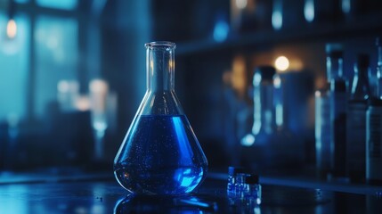 Blue glass laboratory flask filled with clear liquid on a scientific research lab table with blurred equipment and bright light background
