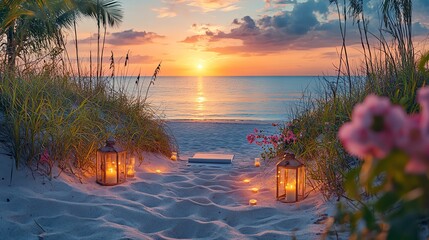 A serene beach pathway illuminated by lanterns at sunset, offering a tranquil escape into nature's beauty.