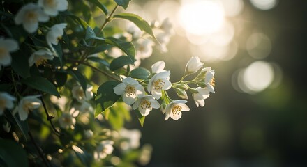夕日輝く白い花 繊細な花びら 緑葉の背景 美しい自然写真. AI Generated