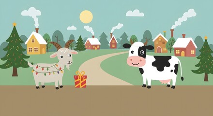Naklejka premium Merry Christmas Farm Animals Goat and Cow in Festive Village Scene