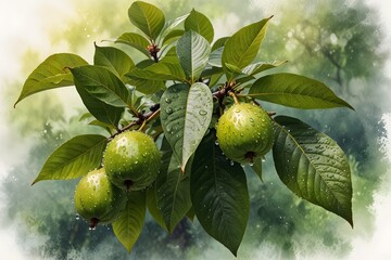 Obraz premium Guava leaves with dew drops in the morning sunlight in watercolor style