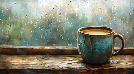 a cup of coffee with the rainy morning day