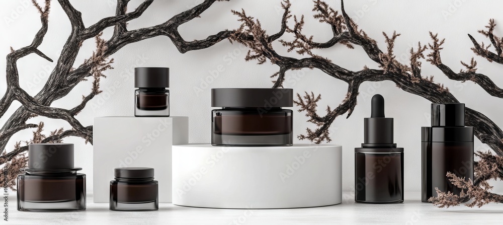 Poster a product presentation background with a minimalist design, featuring a podium, dry tree twigs on a 