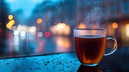 a cup of coffee with the rainy morning day