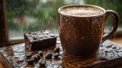 a cup of coffee with the rainy morning day