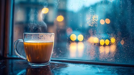 a cup of coffee with the rainy morning day
