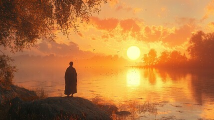 Sunset Serenity: A solitary figure contemplates the breathtaking golden sunset over a tranquil lake, enveloped in the serene atmosphere of nature's beauty.