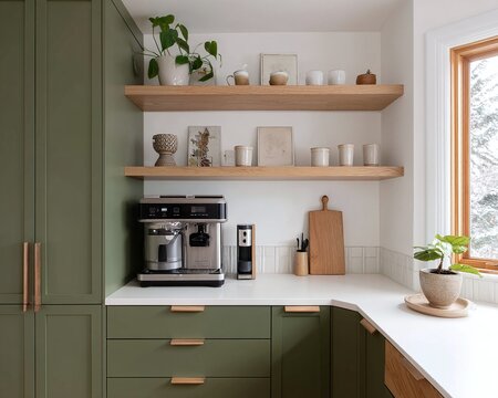 Modern kitchen corner with green cabinetry, coffee machine, and decorative shelves showcasing plants