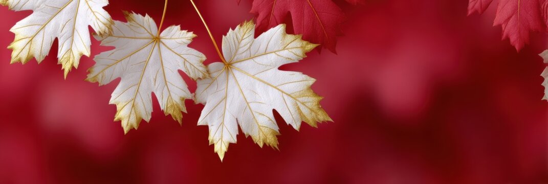 canada day event decoration, stylish canada day banner with red gradient, gold-trimmed maple leaves, and space for upscale event text