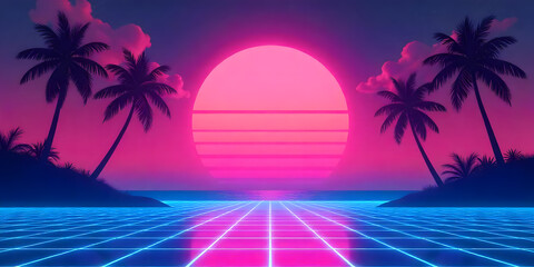 Fototapeta premium Retro synthwave sunset tropical island paradise