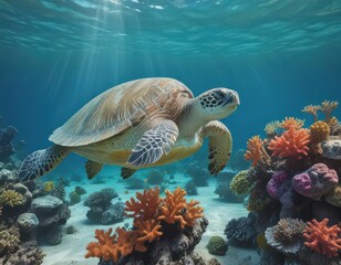 Obraz premium Green sea turtle gracefully swims amidst vibrant coral reef and azure water , vibrant, coral, sea turtle