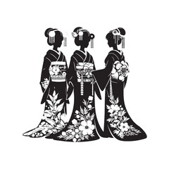 Elegant Shiromuku Wedding Kimono Vector Silhouette – Traditional Japanese Bridal Attire, Pure White Elegance, Cultural Heritage, Intricate Details, and Timeless Ceremony Beauty.