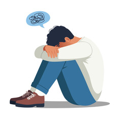 lonely man sitting floor, hugging knees, mental health concept, depression vector flat illustration