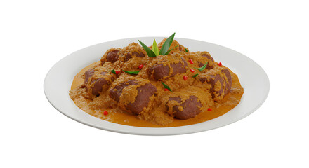 A vibrant culinary shot of a plate of delicious Indonesian beef rendang, a flavorful dish. Rich and savory, the dish features tender pieces of meat cooked in a creamy coconut milk curry sauce.