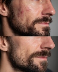 Obraz premium before and after aftershave lotion, male skincare comparison, irritated skin vs soothed, clean style