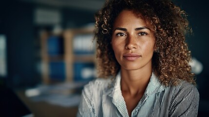 Confident Afro woman in business attire, focused and poised; embodying professionalism and determination in the workplace.