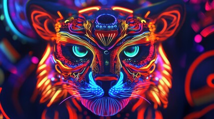 Radiant Feline: A vibrant portrayal of a jaguar in psychedelic colors and patterns