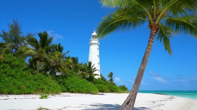 White lighthouse standing tall on a lush tropical island
