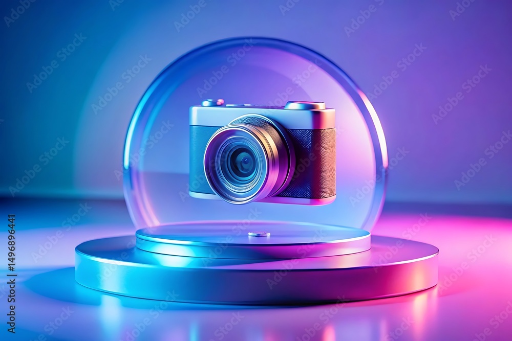 Aufkleber camera on a platform inside a glass dome illuminated with neon lights creating a vibrant and modern 