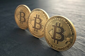 Three Gold-Colored Bitcoins on Black Surface Cryptocurrency Tokens on Dark Background