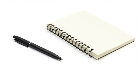 白い背景に置かれたノートと黒ペン シンプルで清潔な雰囲気. AI Generated