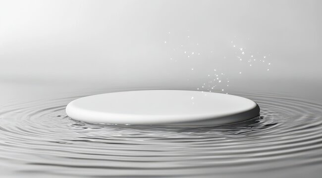 A minimalist white disc floats on calm water, subtle ripples spreading outwards, tiny particles rising above