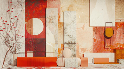 Abstract interior design with geometric shapes and colors