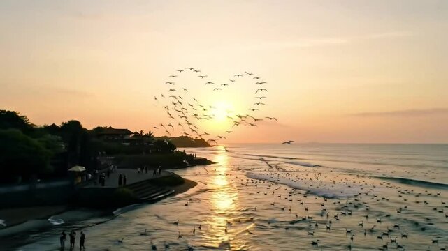 Birds flying over the ocean at sunset with people on the shore near green trees and buildings, irds Making heart while flying 