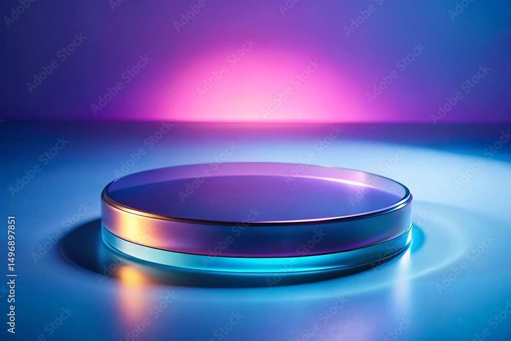 Poster sleek product display platform illuminated with vibrant blue and purple gradients, ideal for showcas