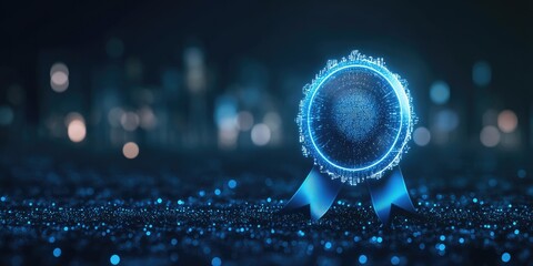 A glowing, blue award medal rests on a dark, glittery surface, with a blurred city backdrop