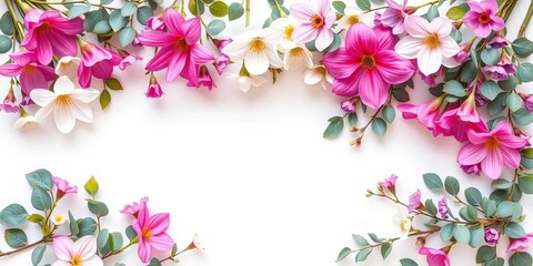 Fototapeta premium Spring floral frame of pink, white, and purple blooms with eucalyptus on white background, delicate, flatlay