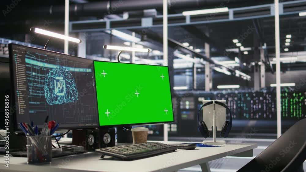 Poster mockup computer in high tech data center office used for ai system monitoring and performance tracki