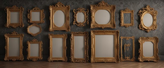 Elegant damask backdrop showcases a collection of antique picture frames in diverse shapes and sizes ,  damask,  interior design
