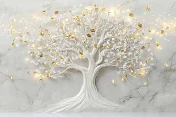 Beautiful Fantasy Tree in Ethereal Nature Landscape – White and Gold Color Palette with Sparkling Lights, Flowing Branches, and Dreamlike Atmosphere

