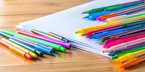 Fototapeta premium colorful pens arranged with papers on a desk, paper goods