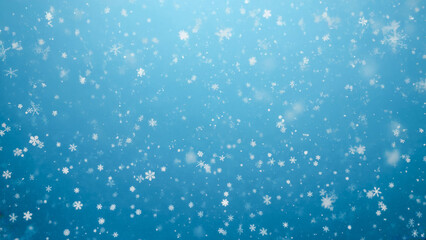 Gentle snowflakes falling slowly against a soft blue background, delicate and peaceful, winter-themed.