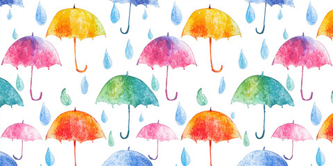 Obraz premium カラフルな雨傘と水滴を描いた水彩シームレスパターン｜梅雨シーズン・雨の日の風景・子ども向けデザイン・壁紙・包装紙・手描きタッチ・レイニーシーン背景素材